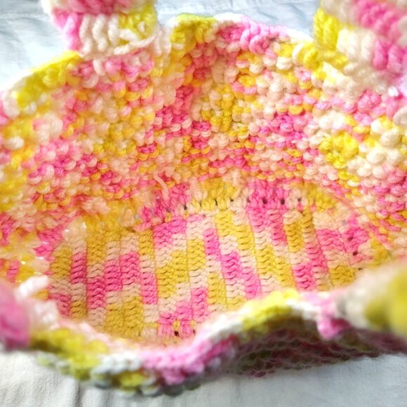 Hand Crochet Bag Pink Yellow White Vintage Double Strap Grandmacore Handbag 14" - Picture 7 of 16